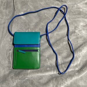 ili New York leather organizer on a string crossbody bag in blue and green.